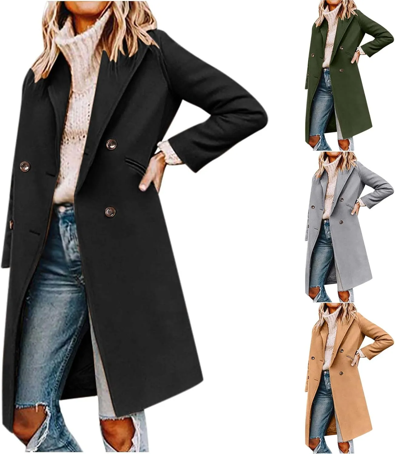 Trench Coat Women 2024 Winter Warm Wool Blend Pea Coat Casual Double Breasted Notched Lapel Overcoats Outwear