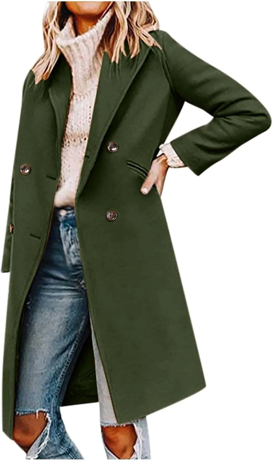 Trench Coat Women 2024 Winter Warm Wool Blend Pea Coat Casual Double Breasted Notched Lapel Overcoats Outwear