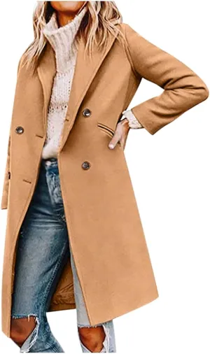 Trench Coat Women 2024 Winter Warm Wool Blend Pea Coat Casual Double Breasted Notched Lapel Overcoats Outwear