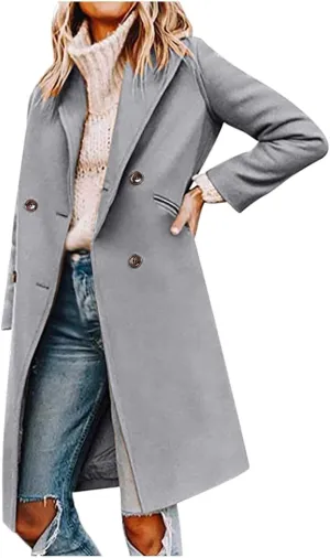 Trench Coat Women 2024 Winter Warm Wool Blend Pea Coat Casual Double Breasted Notched Lapel Overcoats Outwear