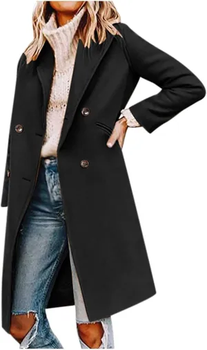 Trench Coat Women 2024 Winter Warm Wool Blend Pea Coat Casual Double Breasted Notched Lapel Overcoats Outwear