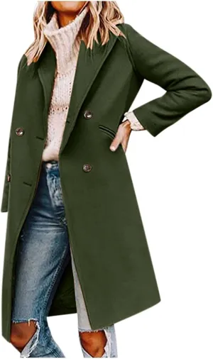 Trench Coat Women 2024 Winter Warm Wool Blend Pea Coat Casual Double Breasted Notched Lapel Overcoats Outwear
