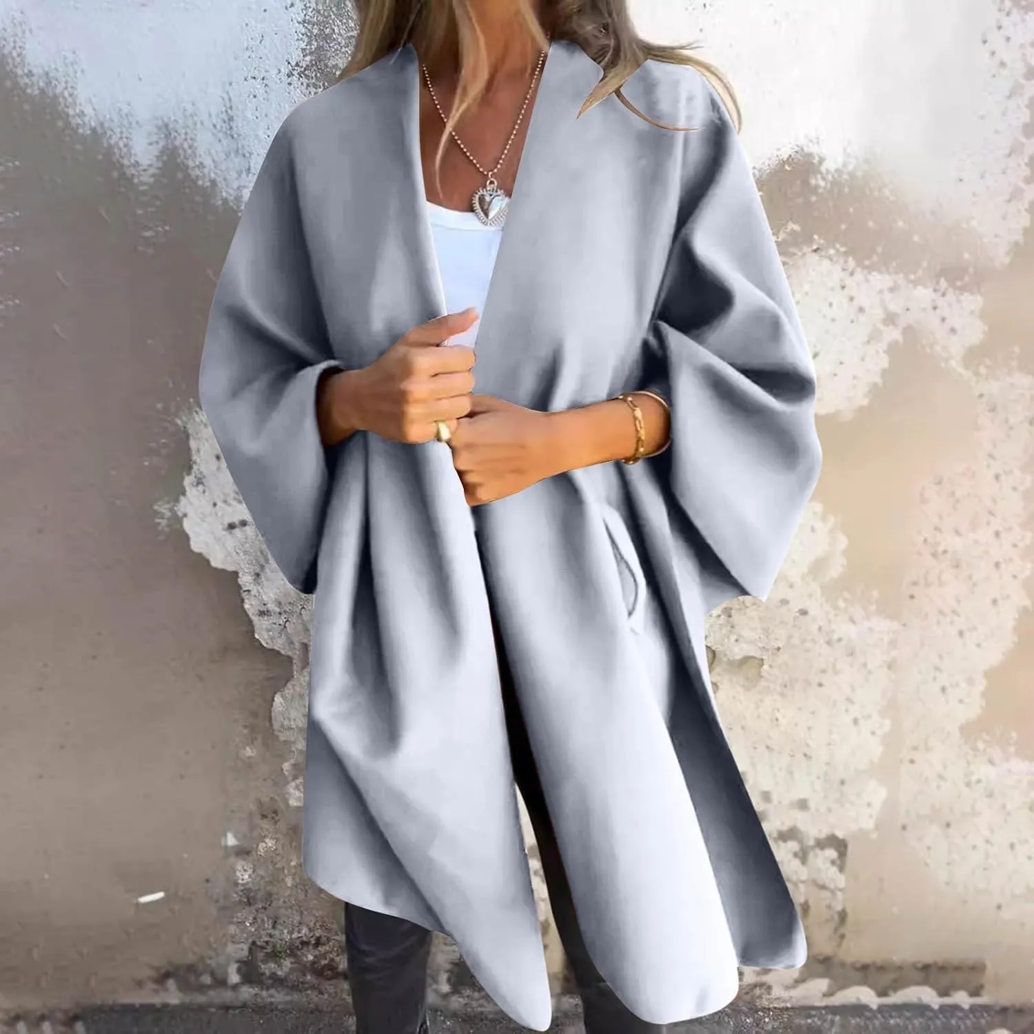 Trench Coat Women Oversized Cardigans V Neck Bat Sleeve Jackets Solid Color Fall Pea Coats Windproof Overcoat