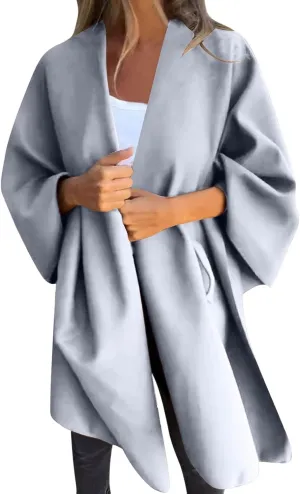 Trench Coat Women Oversized Cardigans V Neck Bat Sleeve Jackets Solid Color Fall Pea Coats Windproof Overcoat