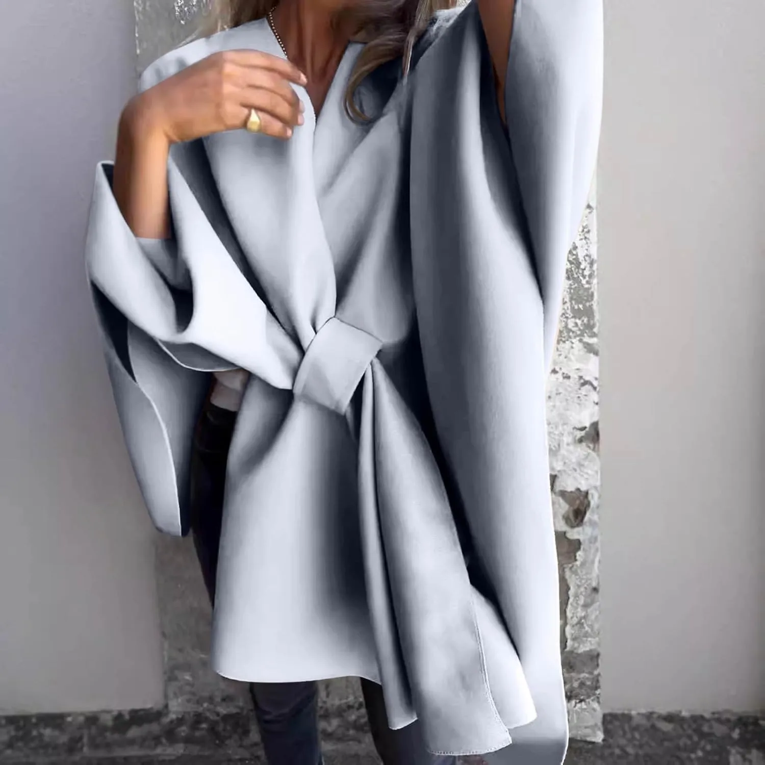 Trench Coat Women Oversized Cardigans V Neck Bat Sleeve Jackets Solid Color Fall Pea Coats Windproof Overcoat
