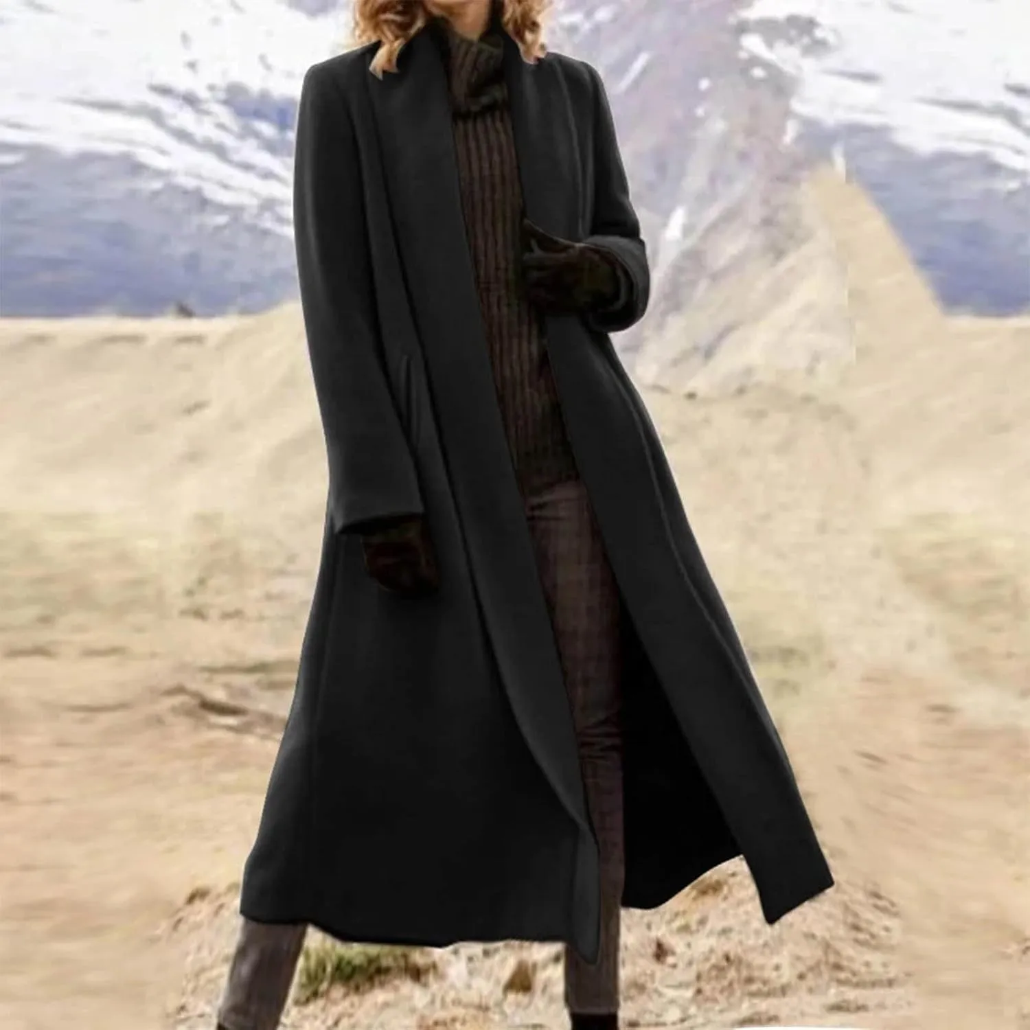 Trench Coat Women Winter Wool Blend Pea Coat Long Sleeve Lapel Coat Oversized Open Front Cardigan Sweater Coats