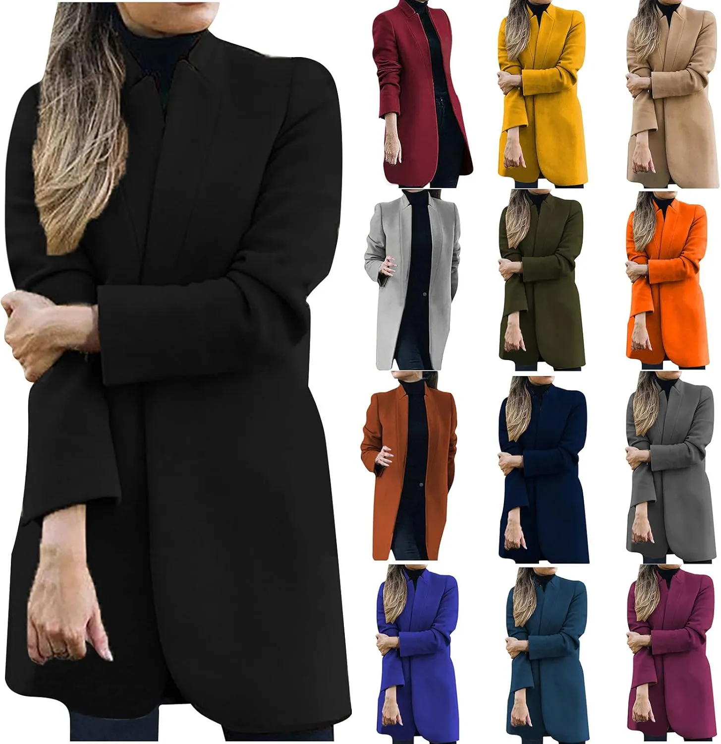 Trench Coats for Women Casual Stand Collar Double Breasted Wool Coats Oversized Warm Winter Long Pea Coat Jackets
