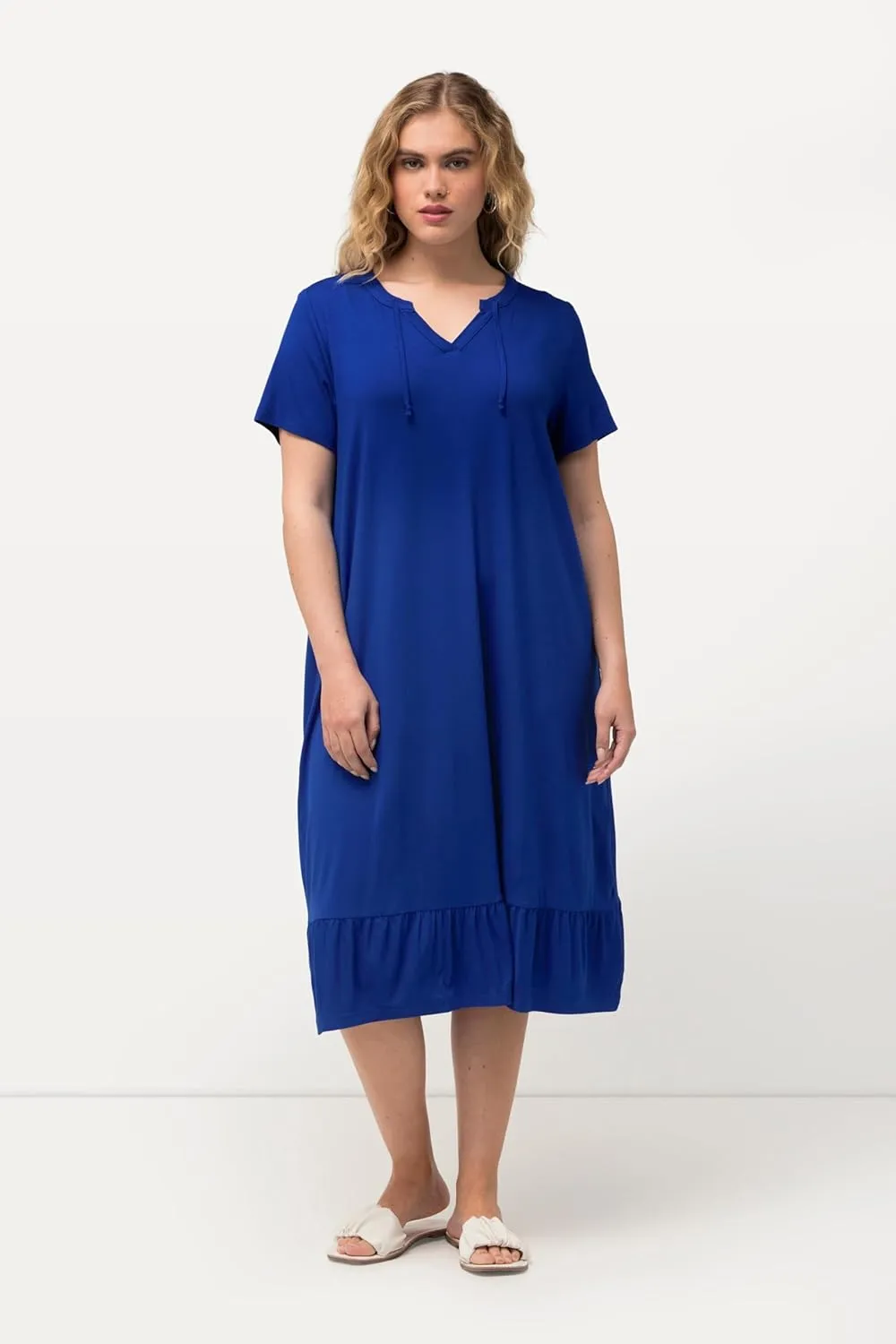 Ulla Popken Womenswear Plus Size Curvy A-Line Split Neck Short Sleeve Midi Dress 829639