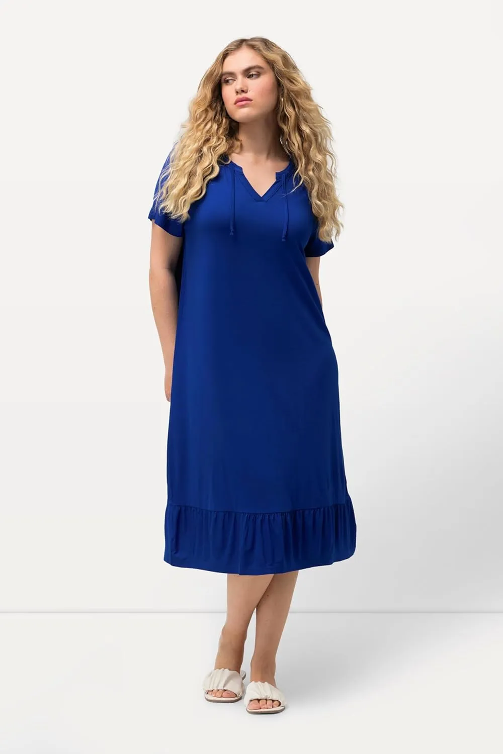 Ulla Popken Womenswear Plus Size Curvy A-Line Split Neck Short Sleeve Midi Dress 829639