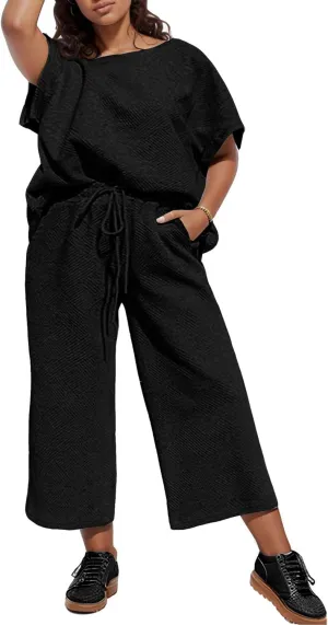 UOUA Womens Plus Size Sweatsuit 2 Piece Outfits Summer Short Sleeve Tops Wide Leg Pants Tracksuit Lounge Sets
