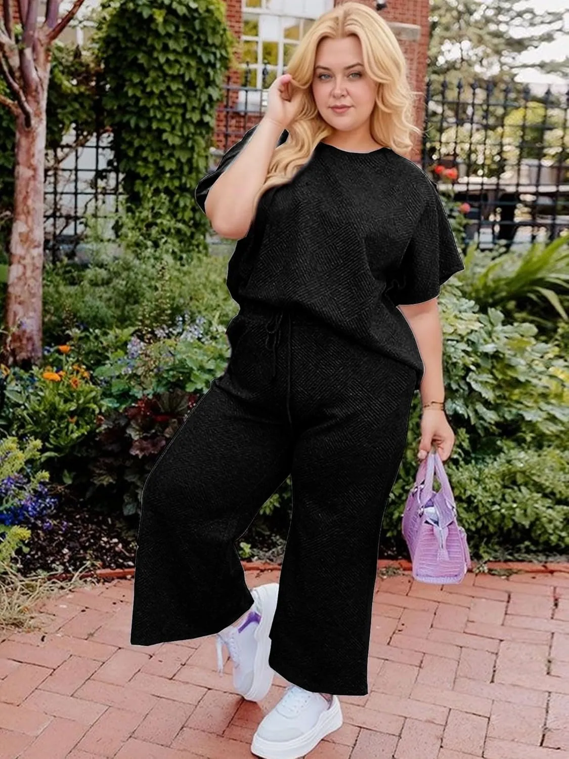 UOUA Womens Plus Size Sweatsuit 2 Piece Outfits Summer Short Sleeve Tops Wide Leg Pants Tracksuit Lounge Sets