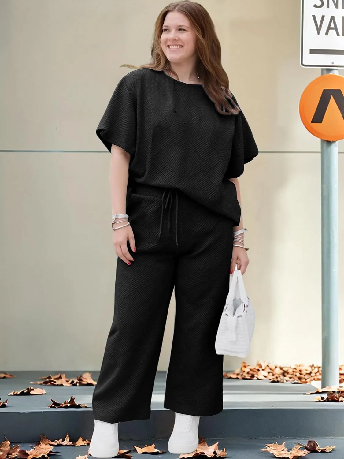 UOUA Womens Plus Size Sweatsuit 2 Piece Outfits Summer Short Sleeve Tops Wide Leg Pants Tracksuit Lounge Sets