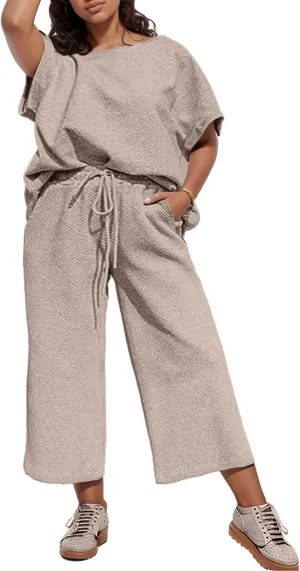 UOUA Womens Plus Size Sweatsuit 2 Piece Outfits Summer Short Sleeve Tops Wide Leg Pants Tracksuit Lounge Sets