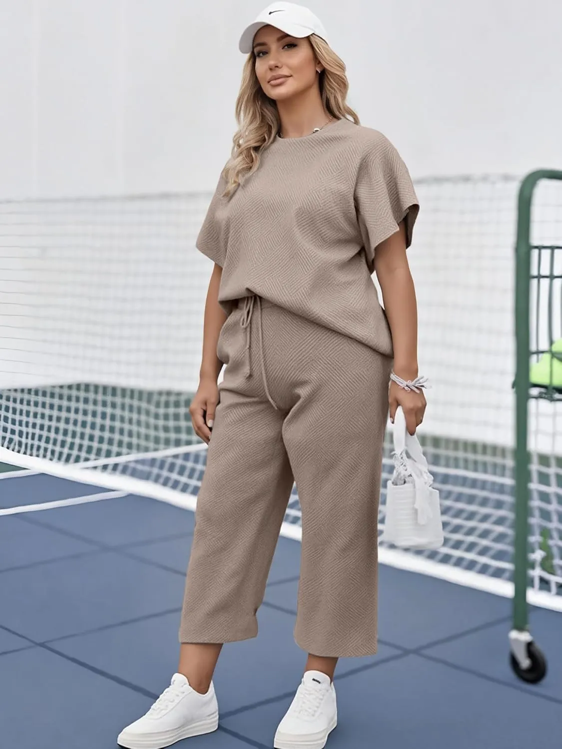 UOUA Womens Plus Size Sweatsuit 2 Piece Outfits Summer Short Sleeve Tops Wide Leg Pants Tracksuit Lounge Sets