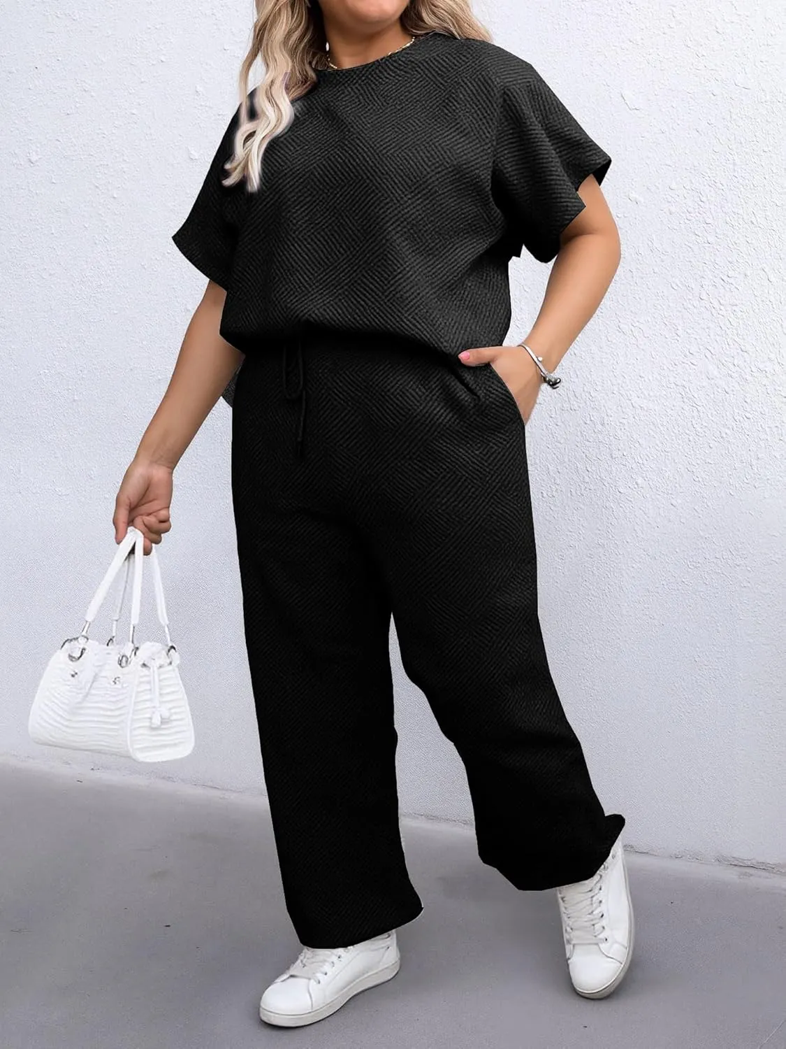 UOUA Womens Plus Size Sweatsuit 2 Piece Outfits Summer Short Sleeve Tops Wide Leg Pants Tracksuit Lounge Sets