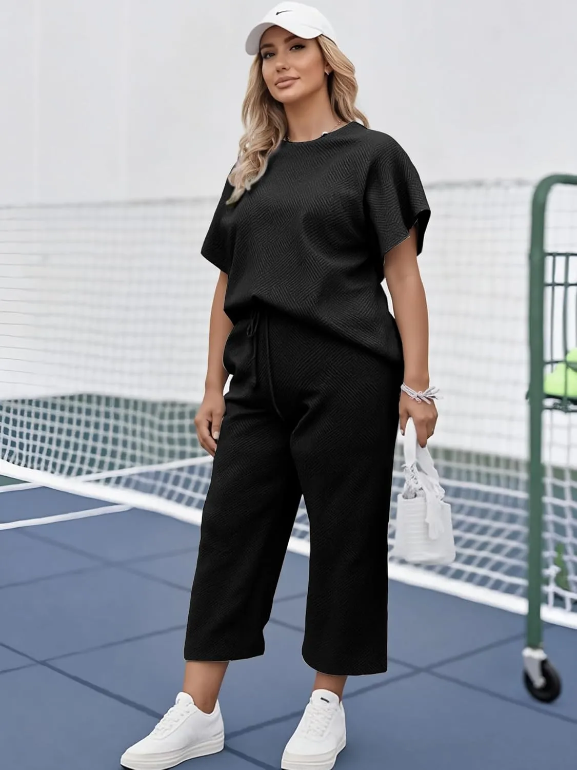 UOUA Womens Plus Size Sweatsuit 2 Piece Outfits Summer Short Sleeve Tops Wide Leg Pants Tracksuit Lounge Sets