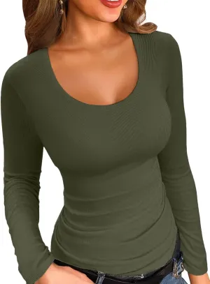 VICHYIE Summer Women's Scoop Neck Short Sleeve Shirts Ribbed Slim Fitted Casual Basic Top Blouses