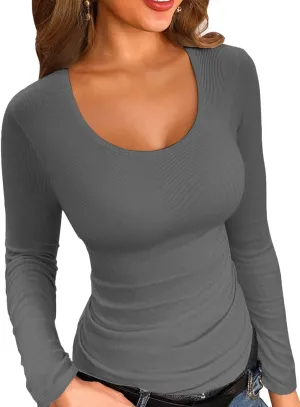 VICHYIE Summer Women's Scoop Neck Short Sleeve Shirts Ribbed Slim Fitted Casual Basic Top Blouses