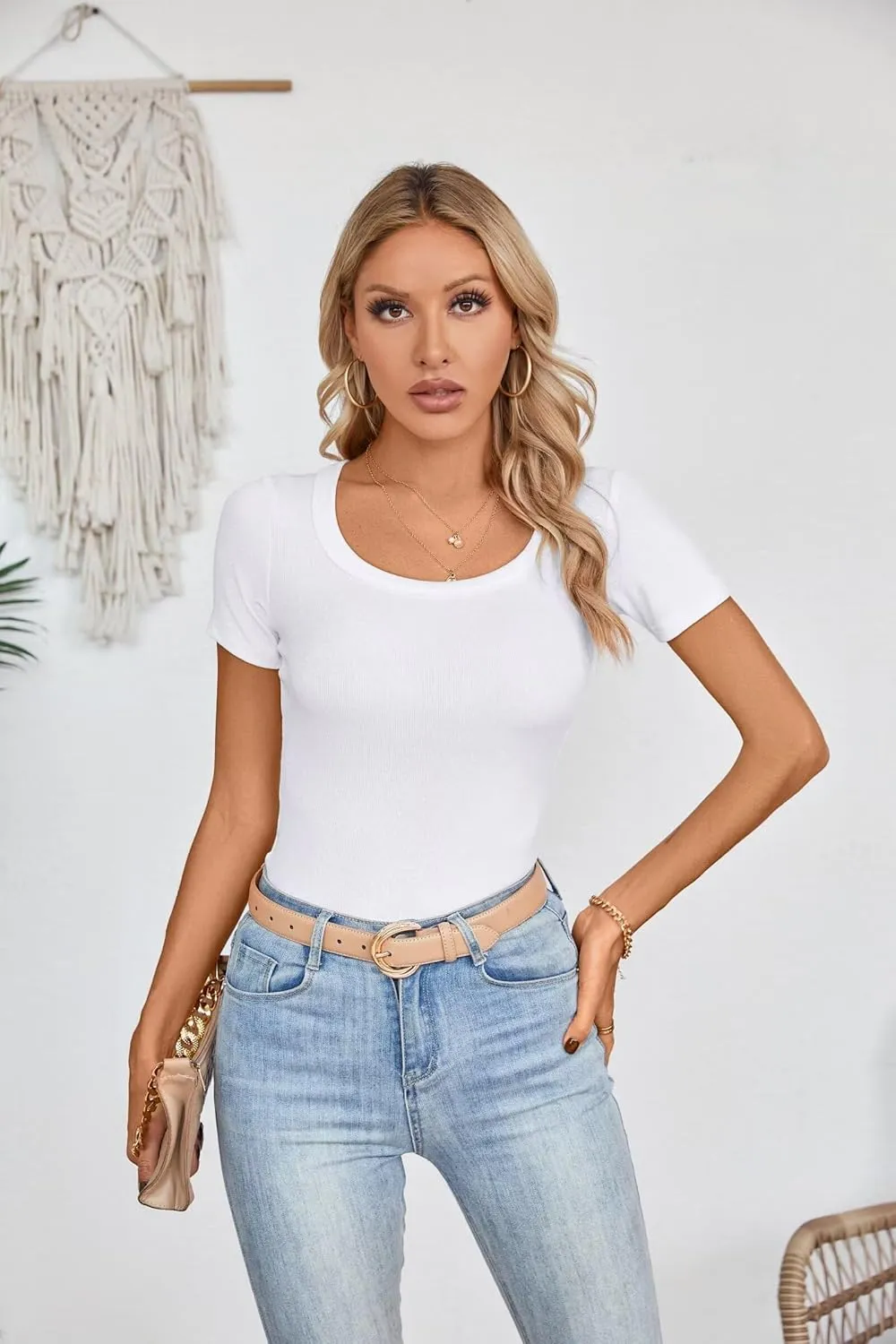 VICHYIE Womens Summer Short Sleeve Tops Square Neck Ribbed Slim Fitted Shirts Casual Tee Tshirt