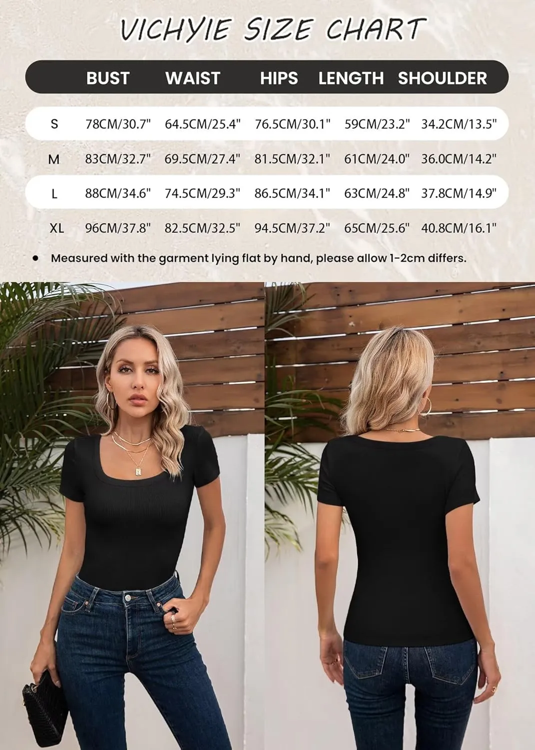 VICHYIE Womens Summer Short Sleeve Tops Square Neck Ribbed Slim Fitted Shirts Casual Tee Tshirt