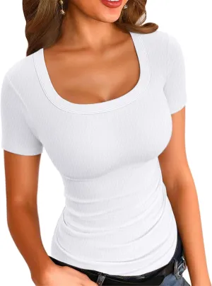 VICHYIE Womens Summer Short Sleeve Tops Square Neck Ribbed Slim Fitted Shirts Casual Tee Tshirt