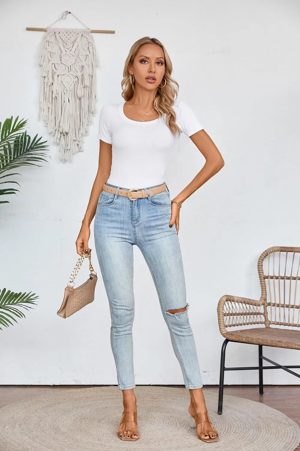 VICHYIE Womens Summer Short Sleeve Tops Square Neck Ribbed Slim Fitted Shirts Casual Tee Tshirt