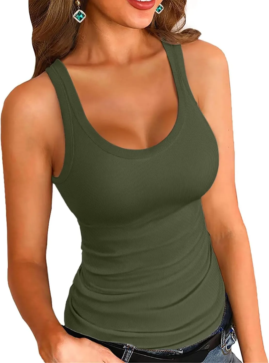 VICHYIE Women's Summer Tank Tops Square Neck Sleeveless Low Cut Sexy Shirts Ribbed Slim Fitted Casual Basic Top Blouses