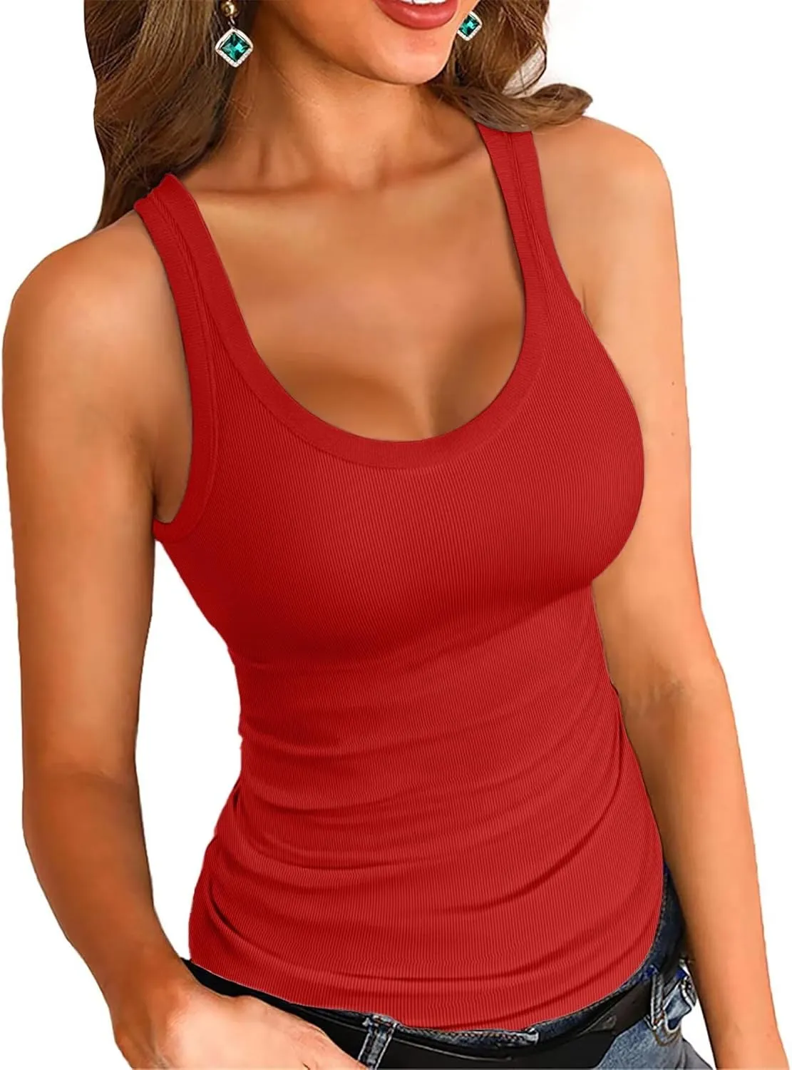 VICHYIE Women's Summer Tank Tops Square Neck Sleeveless Low Cut Sexy Shirts Ribbed Slim Fitted Casual Basic Top Blouses