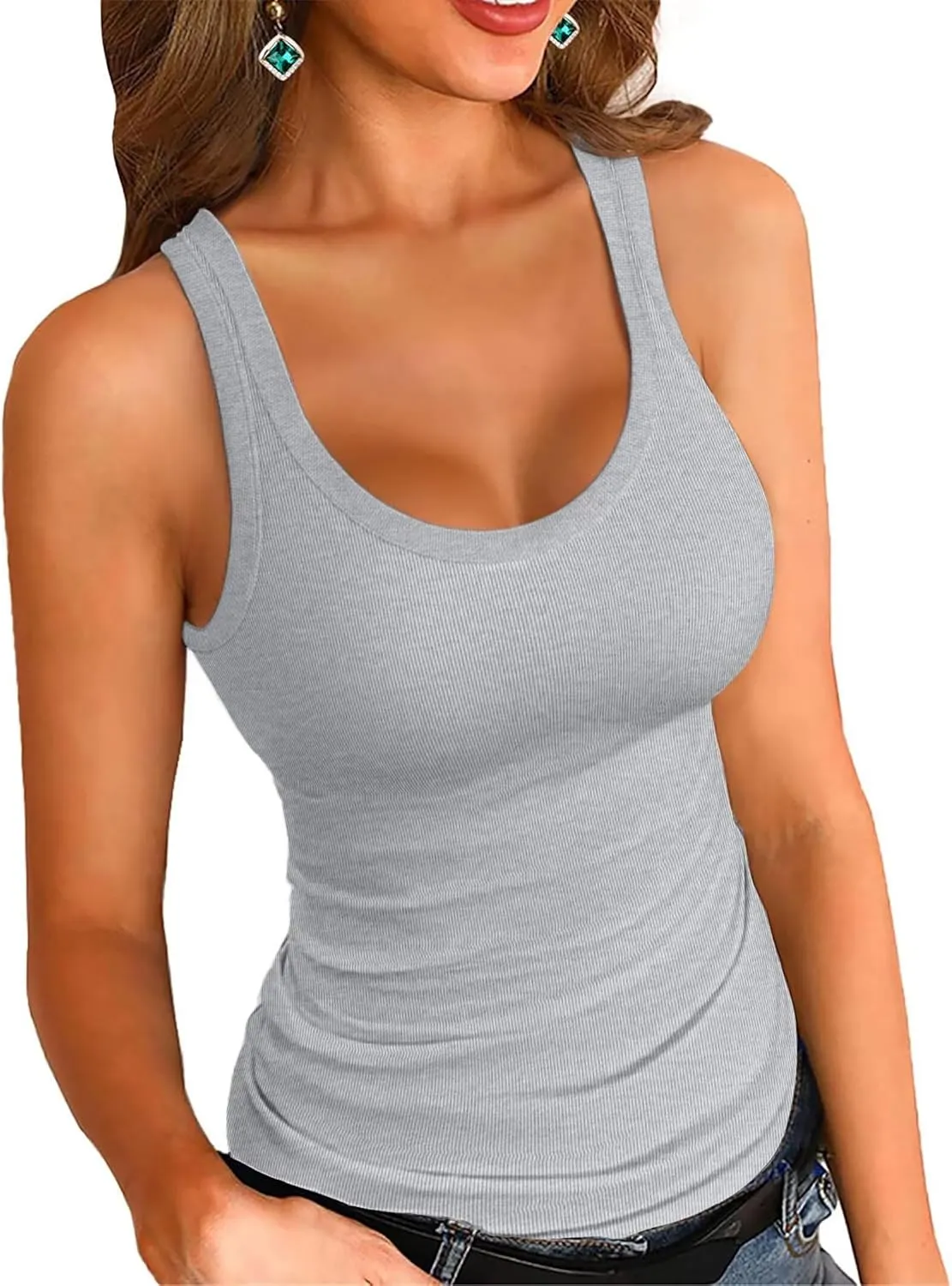VICHYIE Women's Summer Tank Tops Square Neck Sleeveless Low Cut Sexy Shirts Ribbed Slim Fitted Casual Basic Top Blouses