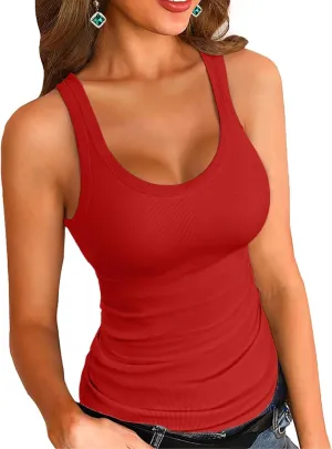 VICHYIE Women's Summer Tank Tops Square Neck Sleeveless Low Cut Sexy Shirts Ribbed Slim Fitted Casual Basic Top Blouses