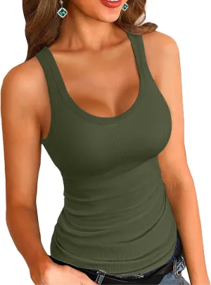 VICHYIE Women's Summer Tank Tops Square Neck Sleeveless Low Cut Sexy Shirts Ribbed Slim Fitted Casual Basic Top Blouses