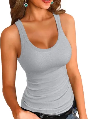 VICHYIE Women's Summer Tank Tops Square Neck Sleeveless Low Cut Sexy Shirts Ribbed Slim Fitted Casual Basic Top Blouses