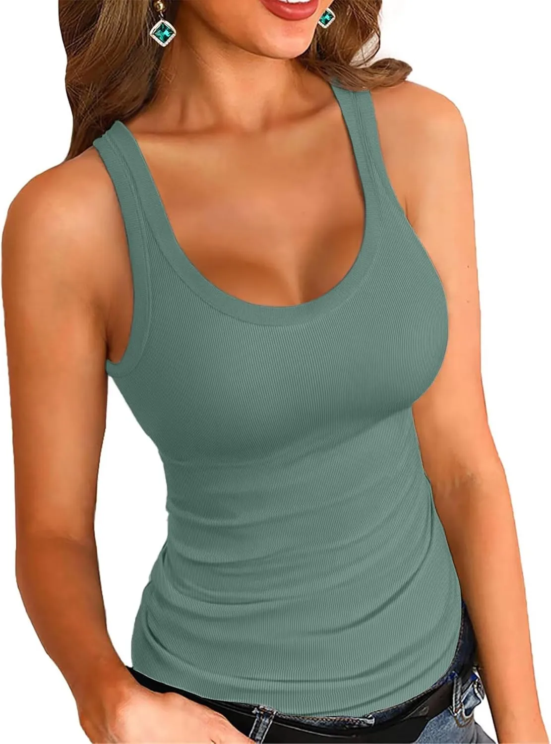 VICHYIE Women's Summer Tank Tops Square Neck Sleeveless Low Cut Sexy Shirts Ribbed Slim Fitted Casual Basic Top Blouses
