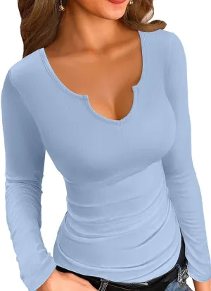 VICHYIE Womens Tops V Neck Summer Short Sleeve Casual Slim Fitted Tshirt