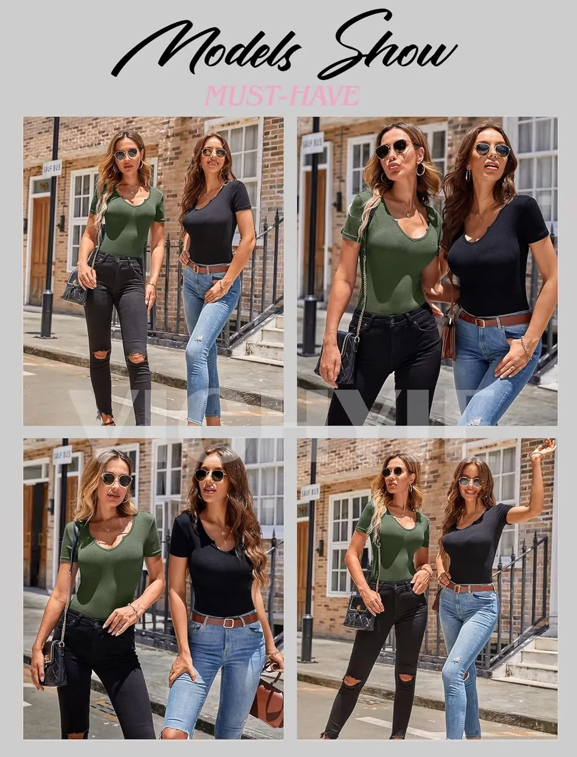 VICHYIE Womens Tops V Neck Summer Short Sleeve Casual Slim Fitted Tshirt