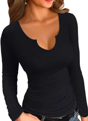 VICHYIE Womens Tops V Neck Summer Short Sleeve Casual Slim Fitted Tshirt