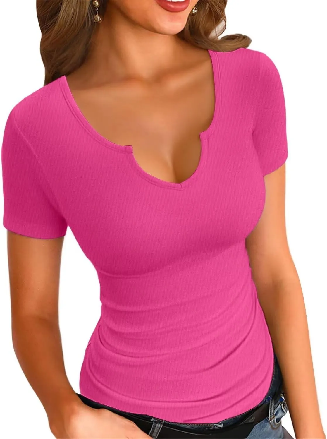 VICHYIE Womens Tops V Neck Summer Short Sleeve Casual Slim Fitted Tshirt