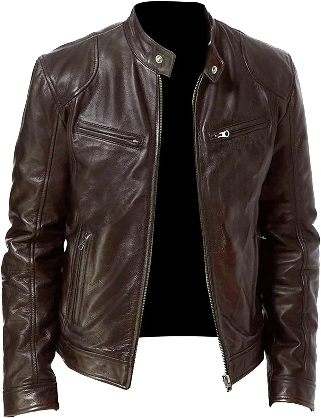 WENKOMG1 Faux Leather Motorcycle Jacket For Men,Windproof Jacket Long Sleeve Zipper Closure Sports Jacket Winter Coat
