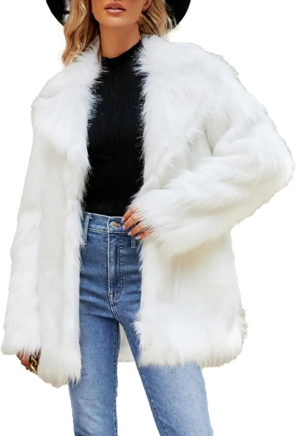 White Faux Fur Coat For Women Mid Length Hooded Cardigan Open Front Outerwear Winter Warm Coats Fur Jackets For