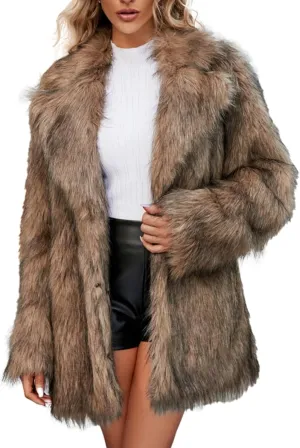 White Faux Fur Coat For Women Mid Length Hooded Cardigan Open Front Outerwear Winter Warm Coats Fur Jackets For