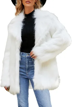 White Faux Fur Coat For Women Mid Length Hooded Cardigan Open Front Outerwear Winter Warm Coats Fur Jackets For