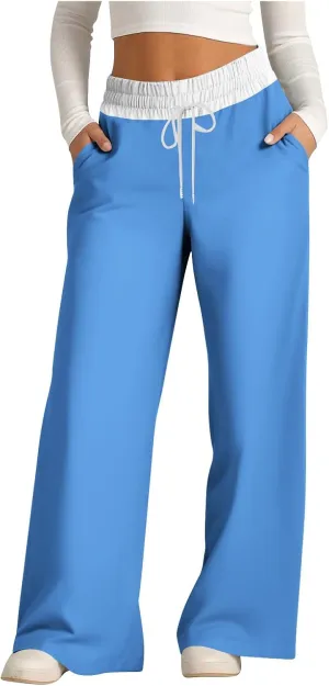 Wide Leg Pants for Women 2024 Stylish Drawstring Elastic High Waist Trousers Casual Color Block Baggy Fall Outfits