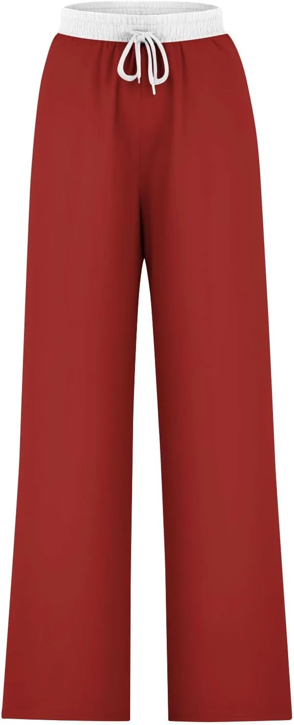 Wide Leg Pants for Women 2024 Stylish Drawstring Elastic High Waist Trousers Casual Color Block Baggy Fall Outfits
