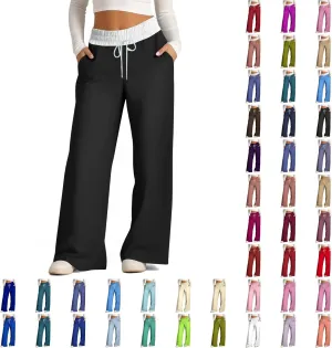 Wide Leg Pants for Women 2024 Stylish Drawstring Elastic High Waist Trousers Casual Color Block Baggy Fall Outfits