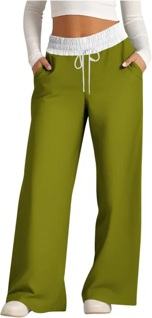 Wide Leg Pants for Women 2024 Stylish Drawstring Elastic High Waist Trousers Casual Color Block Baggy Fall Outfits