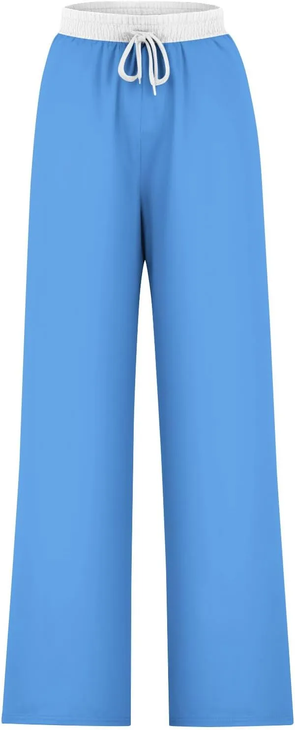 Wide Leg Pants for Women 2024 Stylish Drawstring Elastic High Waist Trousers Casual Color Block Baggy Fall Outfits
