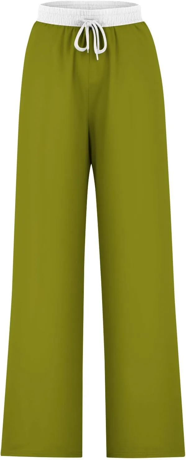 Wide Leg Pants for Women 2024 Stylish Drawstring Elastic High Waist Trousers Casual Color Block Baggy Fall Outfits