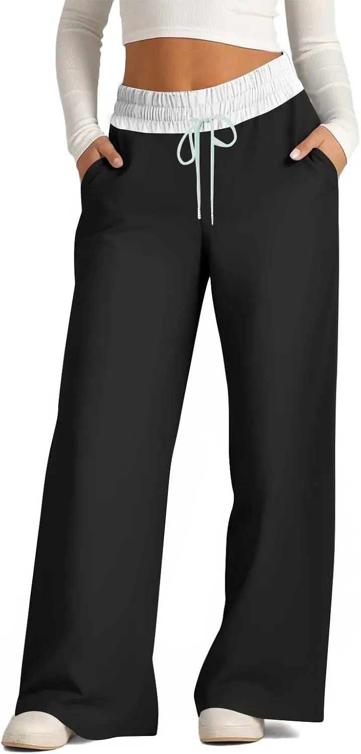 Wide Leg Pants for Women 2024 Stylish Drawstring Elastic High Waist Trousers Casual Color Block Baggy Fall Outfits