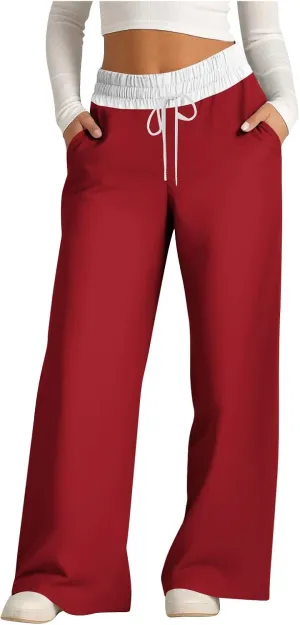 Wide Leg Pants for Women 2024 Stylish Drawstring Elastic High Waist Trousers Casual Color Block Baggy Fall Outfits