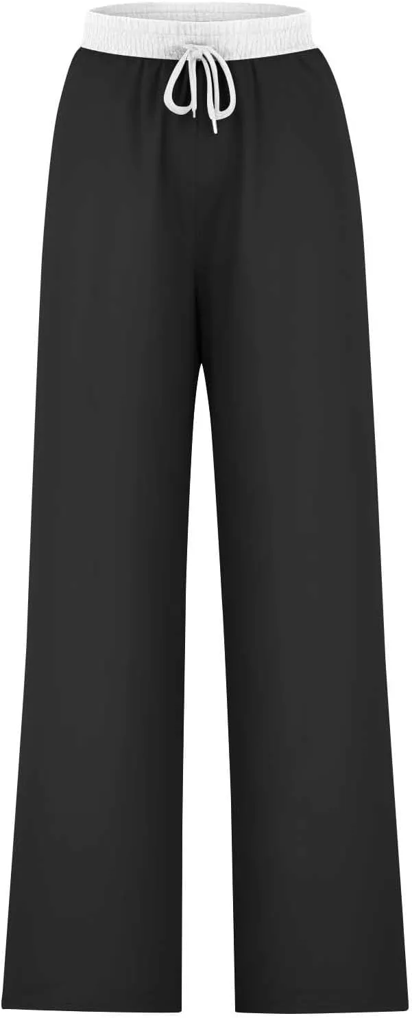 Wide Leg Pants for Women 2024 Stylish Drawstring Elastic High Waist Trousers Casual Color Block Baggy Fall Outfits